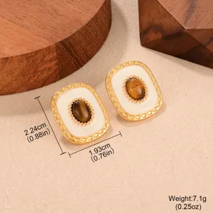 Detailed view of vintage tiger eye stone stud earrings including dimensions and product weight