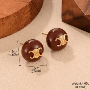 Retro brown spherical stud earrings with gold C-logo, size 1.5cm and weight 4.65g