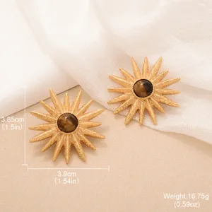 Detailed view of retro gold sunflower earrings with tiger eye stone including dimensions