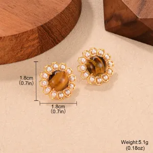 Vista detallada de pendientes vintage de ojo de tigre con dimensiones y peso de 5,1 g