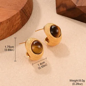 Detailed view of vintage gold C-shaped earrings with tiger eye stone and size info