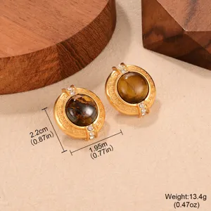 Vintage tiger eye stone stud earrings with gold-tone Greek pattern and weight data