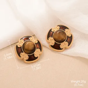 Vintage tiger eye sunflower earrings with gold finish and brown enamel detail for women