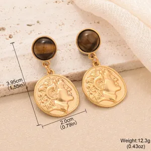 Détails des boucles d'oreilles vintage dorées avec pierre œil de tigre et dimensions