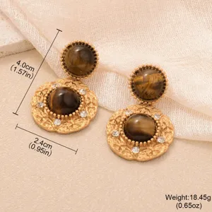 Boucles d'oreilles vintage dorées avec pierre œil de tigre, 4,0x2,4cm, poids 18,45g.