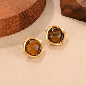 Vintage Maillard style stud earrings with natural tiger eye stones and gold plating