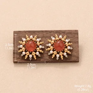 Vue détaillée des boucles d'oreilles vintage marron tournesol avec dimensions