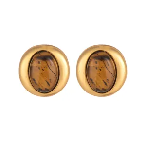 Elegante Vintage Tigerauge-Ohrstecker in Braun mit goldenem ovalem Rahmen für Damen