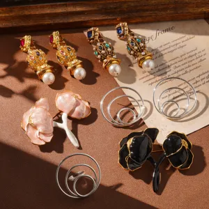 Vintage Baroque Artificial Pearl Tassel Earrings Flower Brooch Geometric Multi Layered Ring For Women Retro 925 Silver Post Jewelry