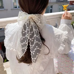Korean Style White Lace Hair Ribbon Floral Embroidery Streamer Bow Hair Band For Women Sweet Fairy Hair Accessories