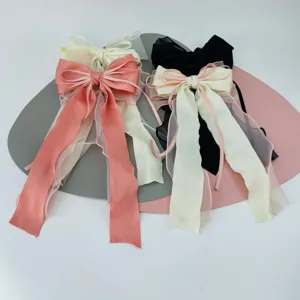 Large bow hair clips with long ribbons, elegant chiffon spring clips for women hair accessories