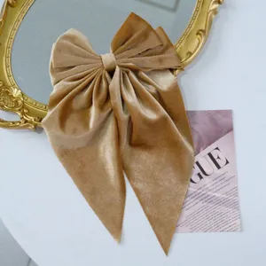 Detailed macro shot of vintage golden velvet hair bow with elegant long streamers texture
