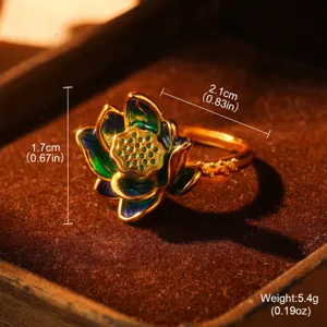 Macro view of vintage enamel lotus ring with 1.7cm by 2.1cm dimensions and 5.4g weight info