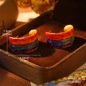 Close-up of rainbow enamel vintage earrings showing height, width, and weight details