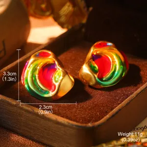 Macro view of vintage rainbow enamel stud earrings with 3.3cm size and 11g weight