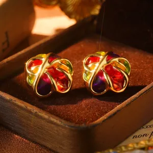 Exquisite vintage rainbow enamel stud earrings featuring vibrant oil painting style textures
