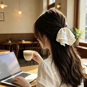 Detailed view of a white polka-dot fabric bow hair tie worn by a model in a cafe setting