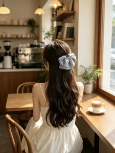 Detailed view of a grey polka dot bow hair claw clip styled on long wavy hair