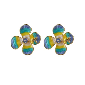 Boucles d'oreilles fleurs en émail coloré vintage avec un style de peinture à l'huile