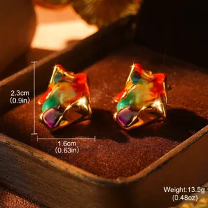 Detailed macro view of rainbow enamel vintage earrings with size and weight labels