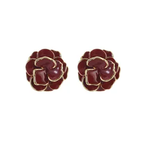 Elegante dunkelrote Emaille-Blumenohrstecker im Vintage-Stil mit goldenem Metallrand