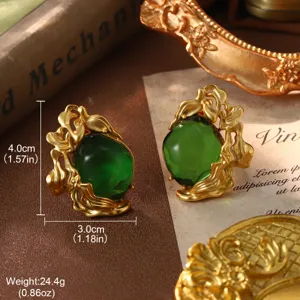 Detailed view of vintage gold floral earrings with large green stones and dimensions