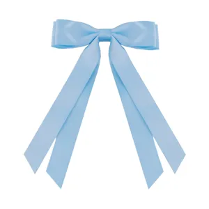 Elegant light blue satin bow hair clip featuring long flowing ribbons for a sweet aesthetic