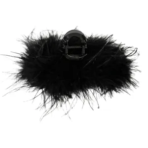 Large elegant black ostrich feather hair claw clip for women, fluffy shark clip accessory