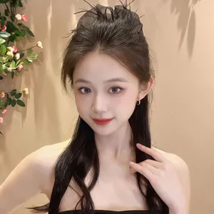 Elegant feather mesh cloud hair claw clip modeled in a high ponytail hairstyle
