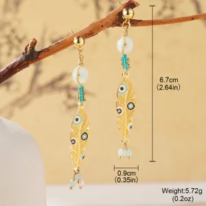 Detailed view of Evil Eye gold feather drop earrings featuring natural stone beads