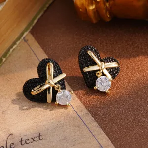 Vintage black heart stud earrings with gold bow and sparkling clear stone pendant