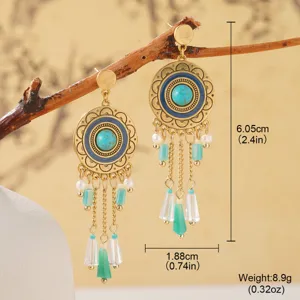 Detailed view of boho ethnic earrings with turquoise stone and beaded fringe measurements.