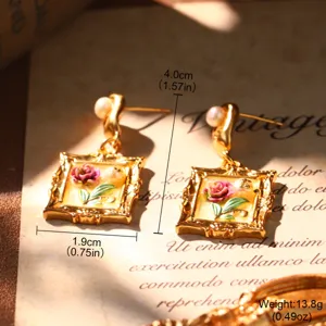 Detailed view of French vintage enamel rose earrings showing size and weight specs