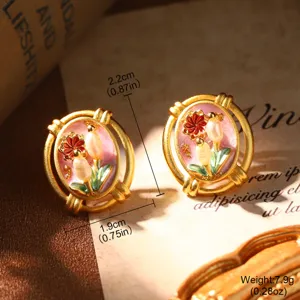 Detail of vintage French palace style gold oval earrings with pearls and floral motifs