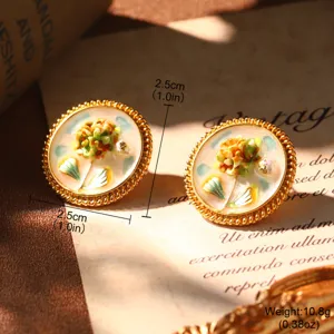 Detailed view of Monet oil painting style enamel hydrangea earrings with gold beaded edges
