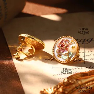 Detailed size view of Monet rose enamel earrings with pearl and screw-back clip.