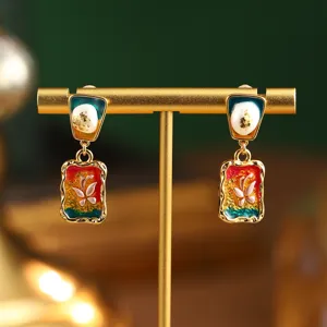 Vintage Monet Garden Oil Painting Style Enamel Flower Butterfly Stud Earrings With 925 Sterling Silver Earring Post Artificial Pearl Earrings Women Jewelry