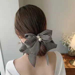 Korean Retro Large Bowknot Hair Clip Satin Artificial Pearl Houndstooth Polka Dot Leopard Print Elegant Hairpin For Women Jewelry