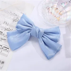 Close-up of shimmering light blue silk bow hair clip on elegant music sheet background