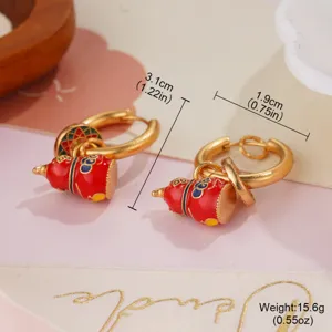 Detail view of red enamel gourd hoop earrings with size and weight measurements