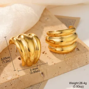 Close-up of gold chunky stainless steel shell earrings with size and weight details