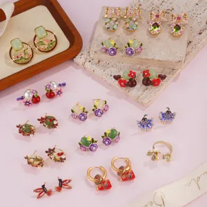 Vintage Enamel Flower Pearl Stud Earrings With 925 Sterling Silver Earring Post Elegant Colorful Floral Drop Earrings Luxury Open Ring Jewelry for Women