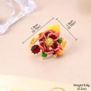 Detailed view of an exquisite enamel flower adjustable ring with size and weight specs
