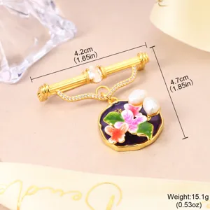 Vintage flower brooch with natural pearls and purple enamel charm with dimensions