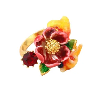 Exquisite adjustable floral enamel ring featuring a red flower and crystal for women