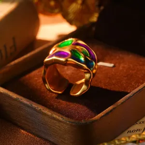 Macro detail of vintage gold-plated ring with vibrant rainbow enamel oil painting style