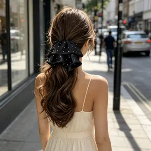 French style black polka dot bow hair scrunchie shown on long wavy brown hair
