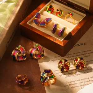 Vintage Enamel Stud Earrings for Women Oil Painting Style Rainbow Contrast Color Metal Earrings With 925 Silver Earring Post
