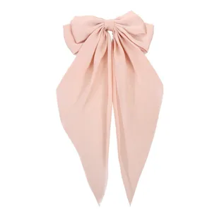 Detalle de un elegante lazo para el cabello de satén rosa grande con cintas largas lisas