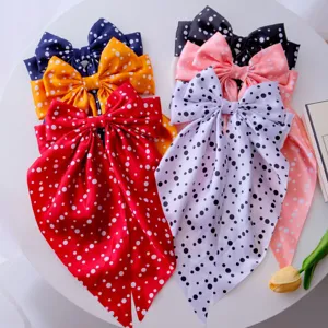 Large Satin Bowknot Hair Clip With Long Ribbon Polka Dot Solid Color Elegant Spring Clip Hair Accessory For Women